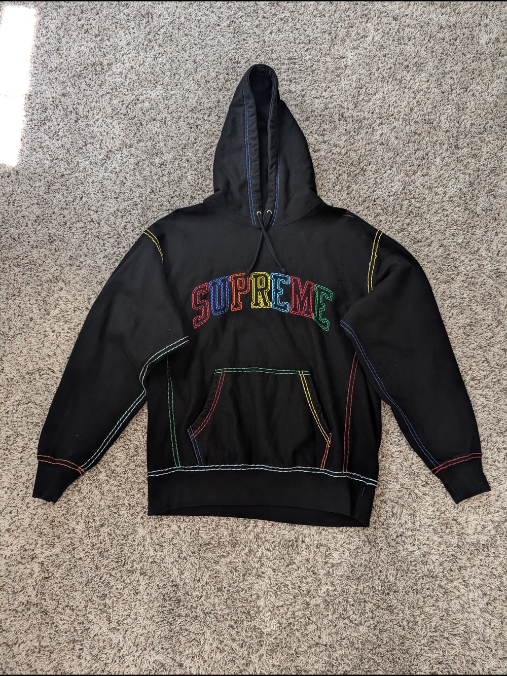 Supreme Black Hoodie with Multicolor Stitching